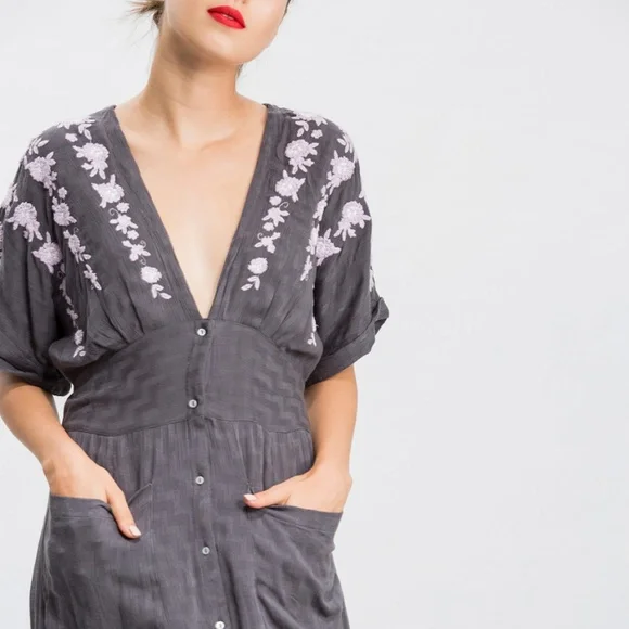 FREE PEOPLE Embroidered Tie Waist Midi Dress - Picture 3 of 7